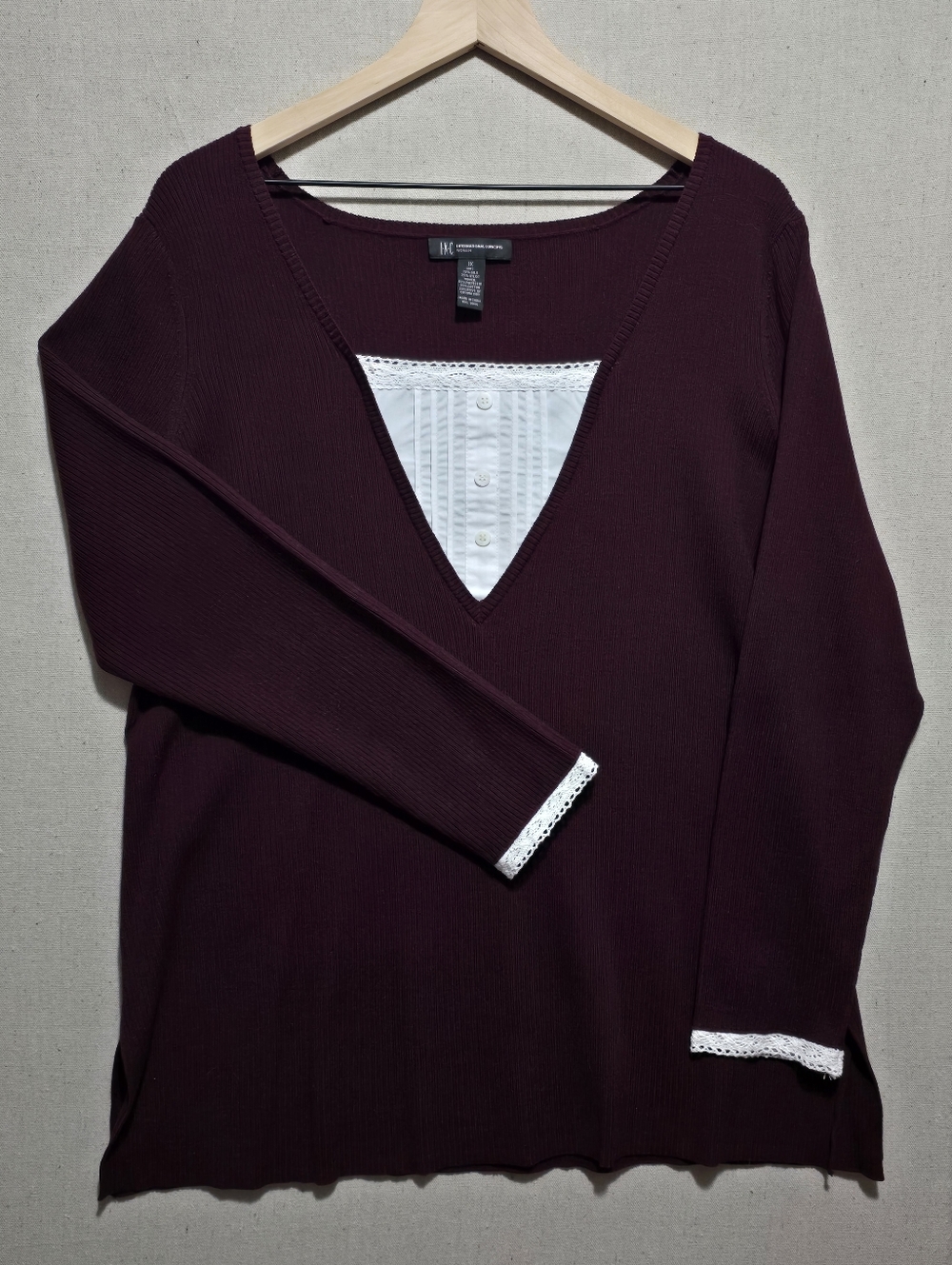 INC International Concepts Burgundy Silk Blend Layered Look Sweater 1X Lace Trim